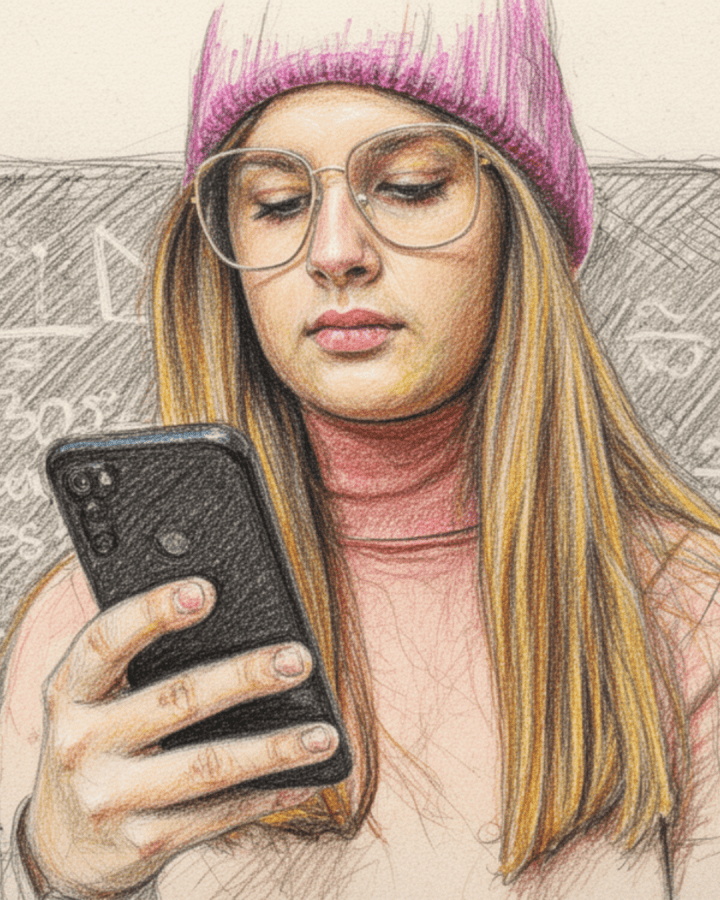 A white girl wearing a pink beanie and glasses looks intently at her mobile phone