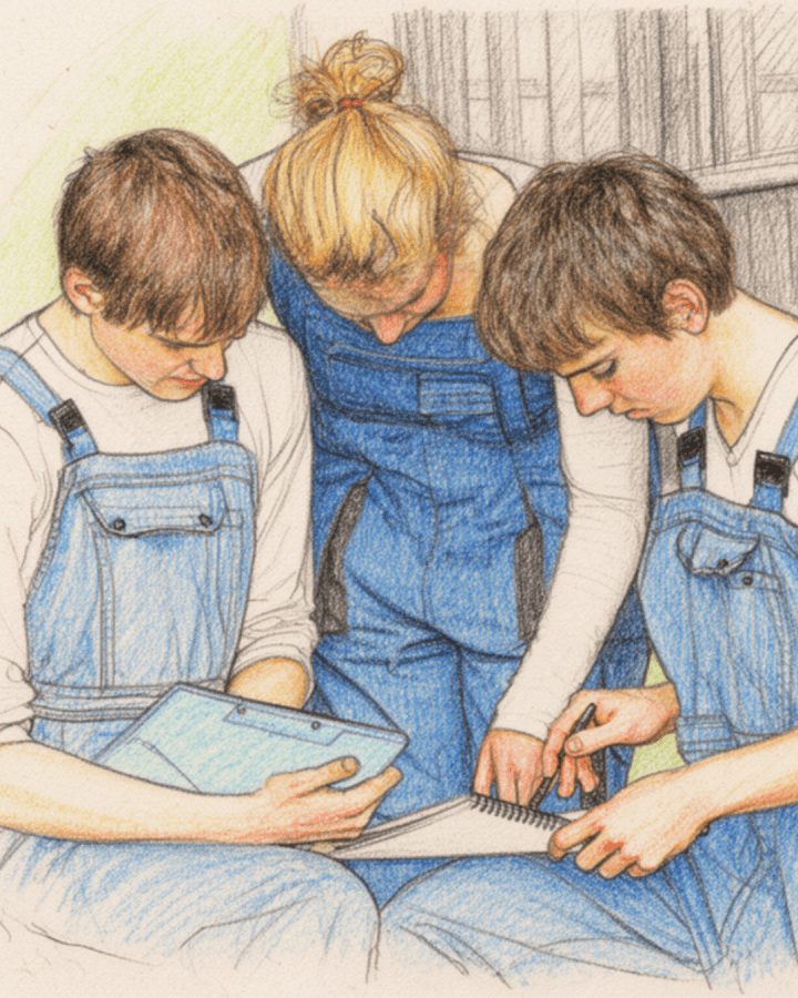 The white young agricultural workers in denim overalls look at a tablet and book in a barn