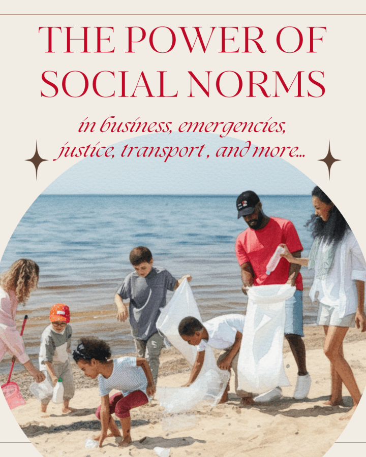 A Black couple and a white woman and their children are picking up rubbish on the beach. Title says: The Power of social norms in business, emergencies, justice, transport, and more