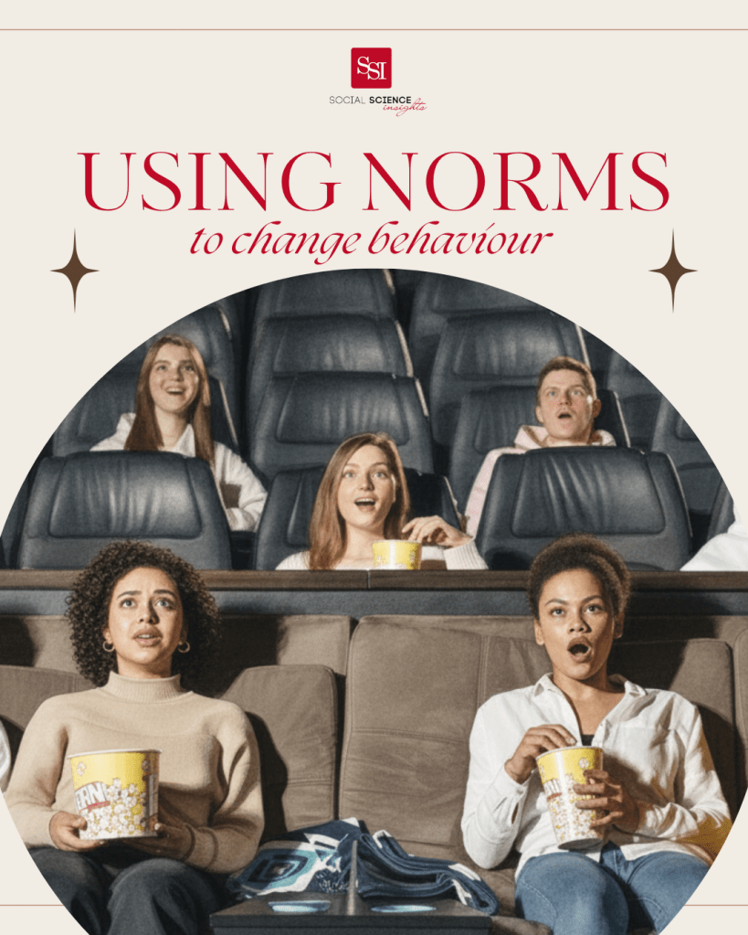 A diverse group of friends sit in a cinema eating popcorn, with shocked and amused expressions. Title reads: Using norms to change behaviour