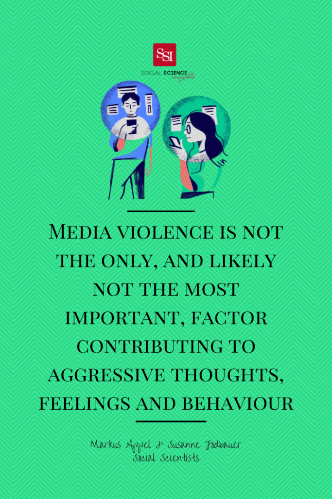 Illustration of a man and woman looking at their phones, with media articles hovering near their heads. Quote says: Media violence is not the only, and likely not the most important, factor contributing to aggressive thoughts, feelings and behaviour