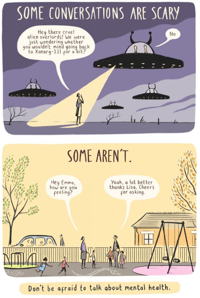 Comic showing an alien ship shining a light on a woman in the night. The woman says: Hey there cruel alien overlords... In the second panel, two women with their children talk at a playground. One says: Hey Emma, how are you feeling? The other syas: Yeah, a lot better thanks Lisa. Cheers for asking