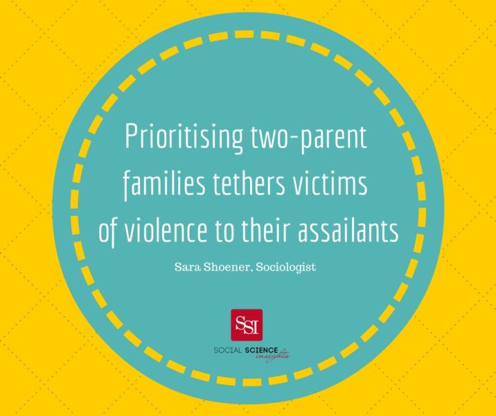 Text graphic with a yellow criss cross background, and green and yellow circles. The text in the centre says: Prioritising two-parent families tethers victims of violence to their assailants