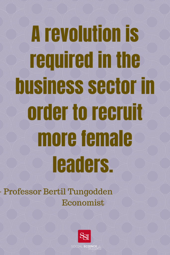 Text graphic, with a purple background with overlapping, swirling circles. Text says: “A revolution is required in the business sector in order to recruit more female leaders"