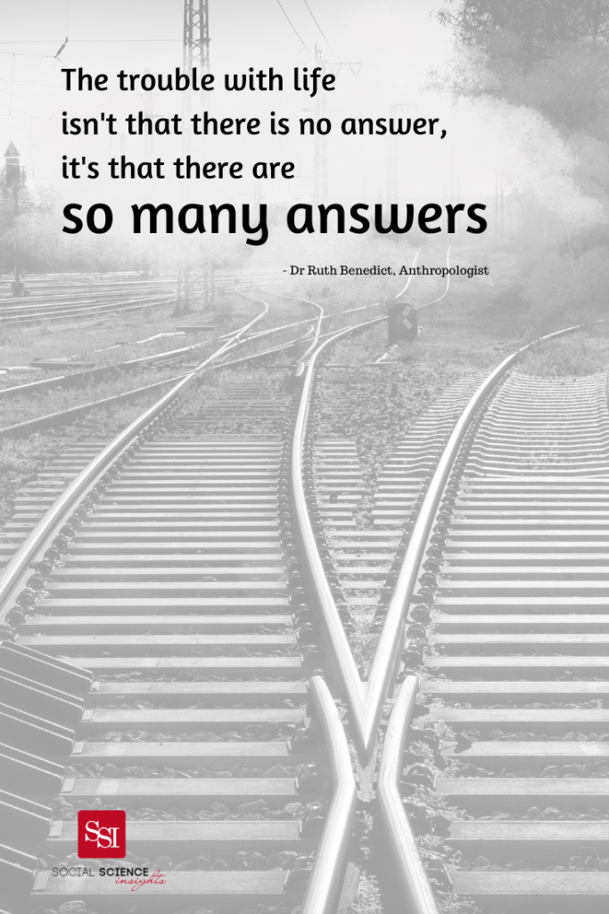 Black and white photo of railway tracks veering off into many directions. Quote says: “The trouble with life isn’t that there is no answer, it’s that there are so many answers.”