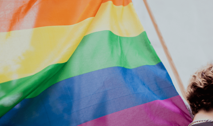 A young person with short strawberry blonde hair and earrings holds a large pride flag in the air