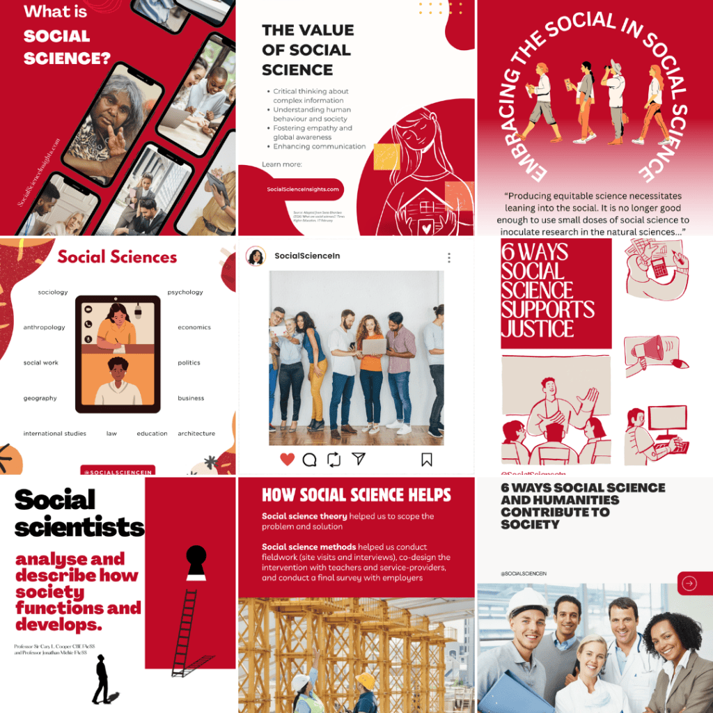 Social Science Insights' Instagram grid, showing nine posts of various graphics, including posts titled, 'What is social science?', 'the value of social science,' and 'six ways social science supports justice'
